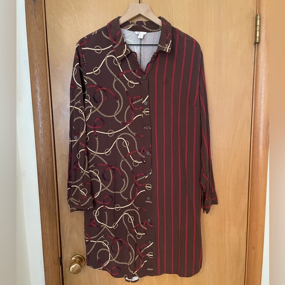 Cato Versace Inspired Chain Links Pinstripe Button Down Short Dress Size L/XL